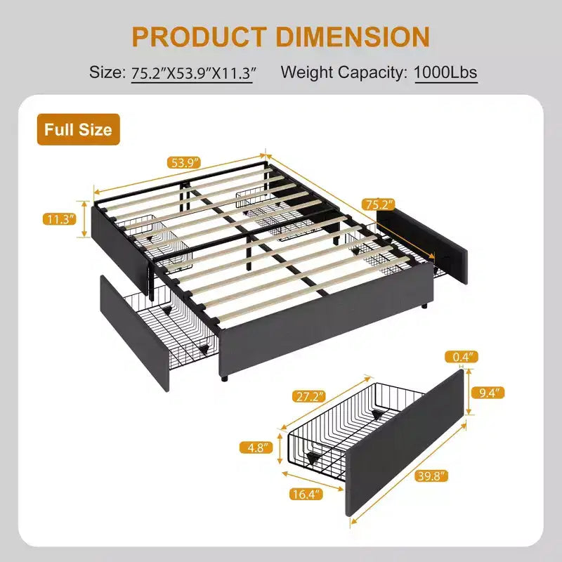 Struttura letto matrimoniale standard con 4 cassetti contenitore