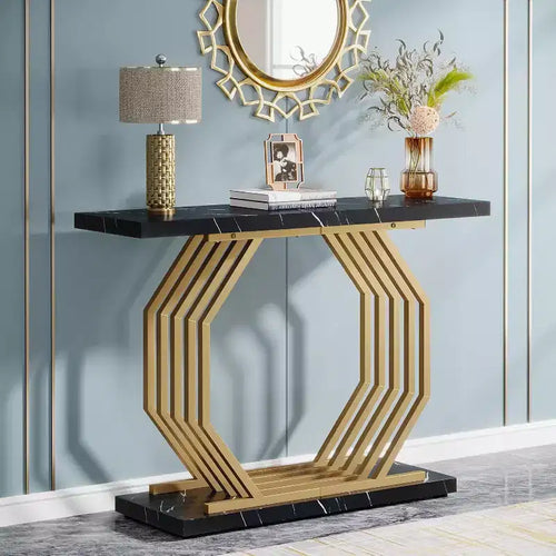 Lantine 40-Inch Gold Console Table, Faux Marble Entryway Narrow Sofa Table with Geometric Metal Base for Living Room, Hallway, Foyer, Black