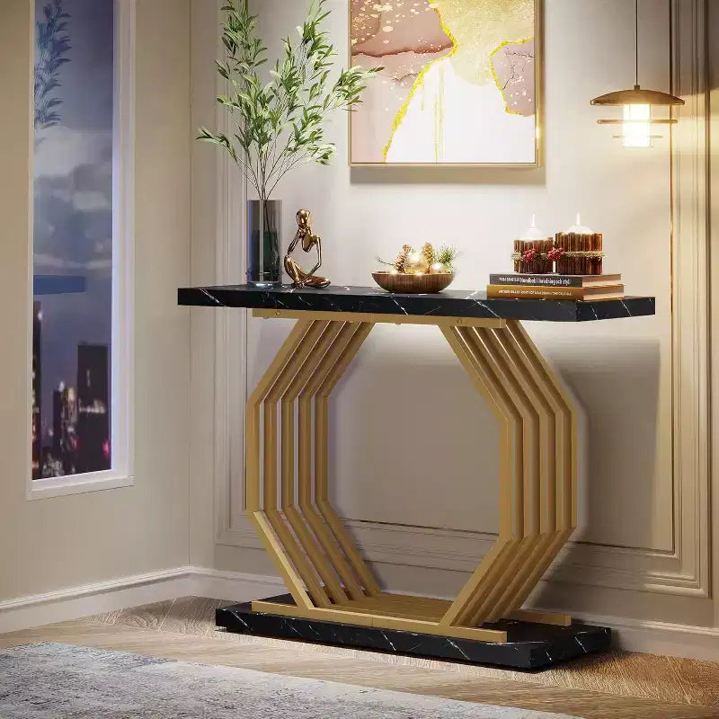 Consolle da 100 cm con base geometrica dorata e ripiano effetto marmo