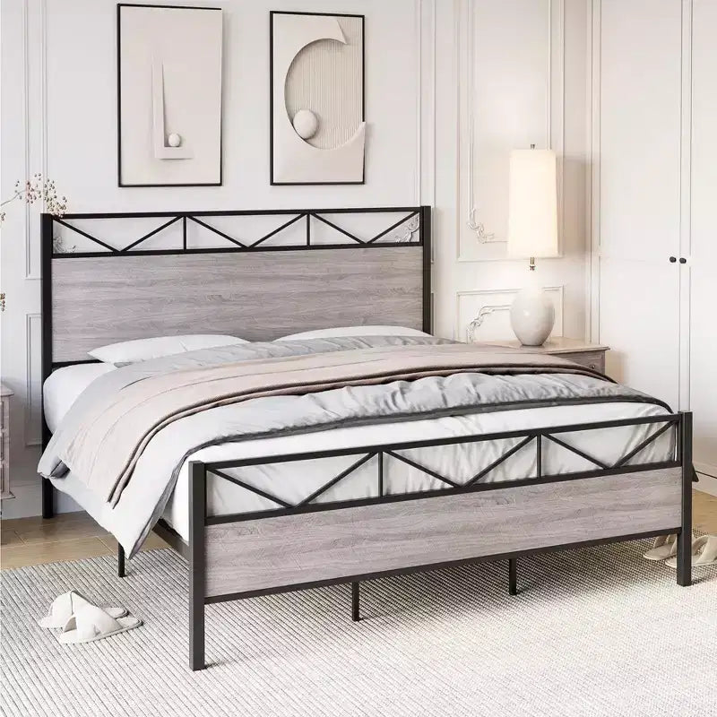 Struttura Letto King Size con Testiera – Stile Industriale, 14 Doghe in Metallo, Contenitore Sottoposto