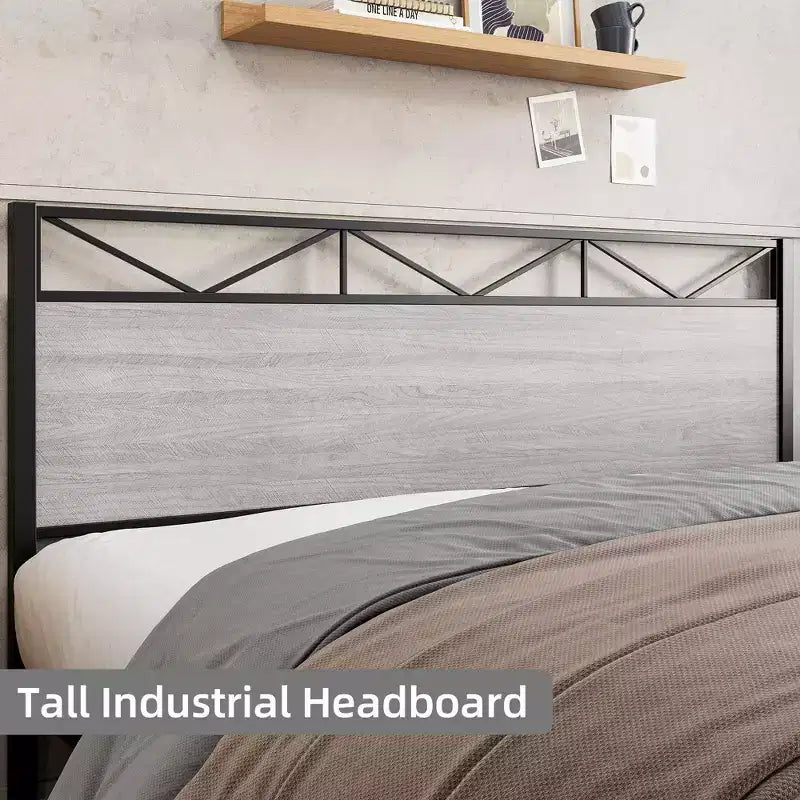 Struttura Letto King Size con Testiera – Stile Industriale, 14 Doghe in Metallo, Contenitore Sottoposto