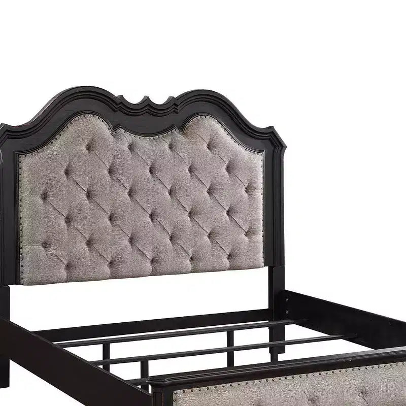 Letto Queen – Rivestimento in lino beige, struttura in legno, design capitonné