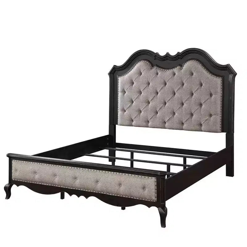 Letto Queen – Rivestimento in lino beige, struttura in legno, design capitonné