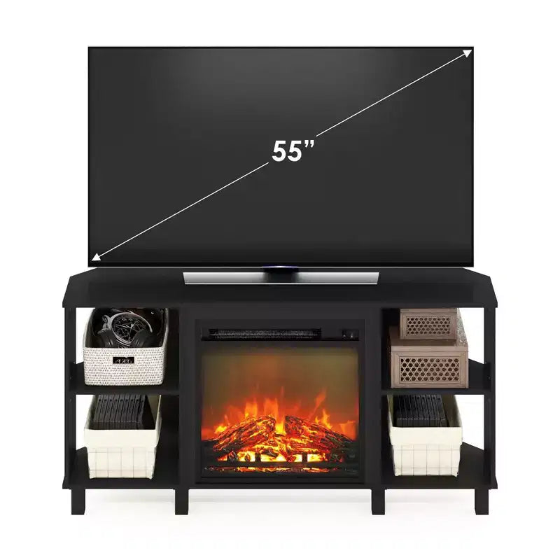 Mobile TV angolare con camino e 4 vani aperti per TV fino a 55"