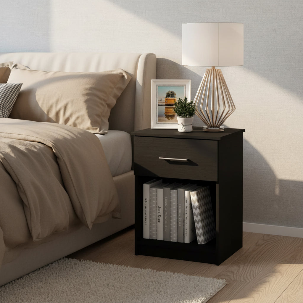 Furinno Mid-Century Nightstand Bedside End Table W/Drawer & Open Storage Cube,Americano